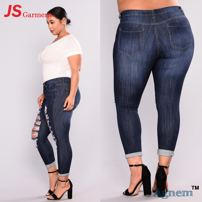 Alti pantaloni dei jeans dello strappo della vita più ampio stile di dimensione per la persona di peso eccessivo